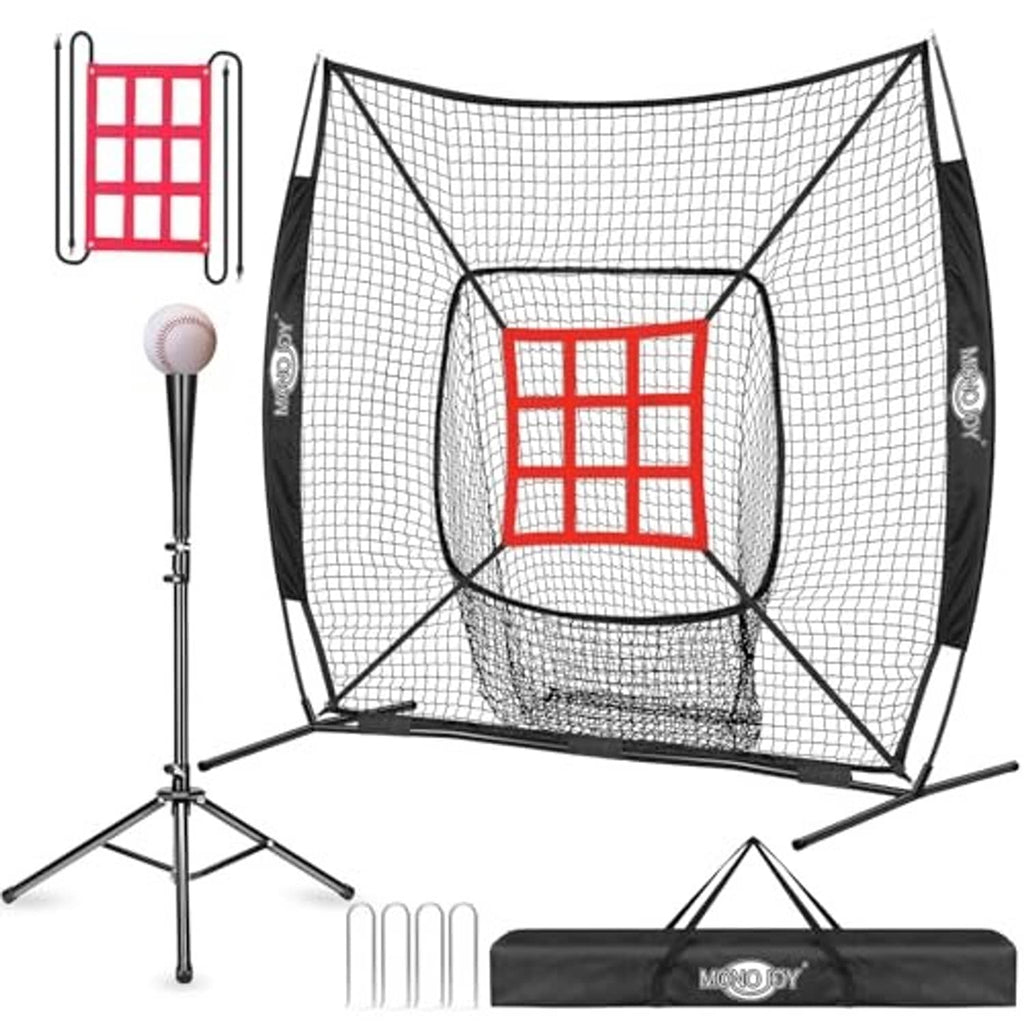 Baseball practice net with red strike-zone target, batting tee, and side supports