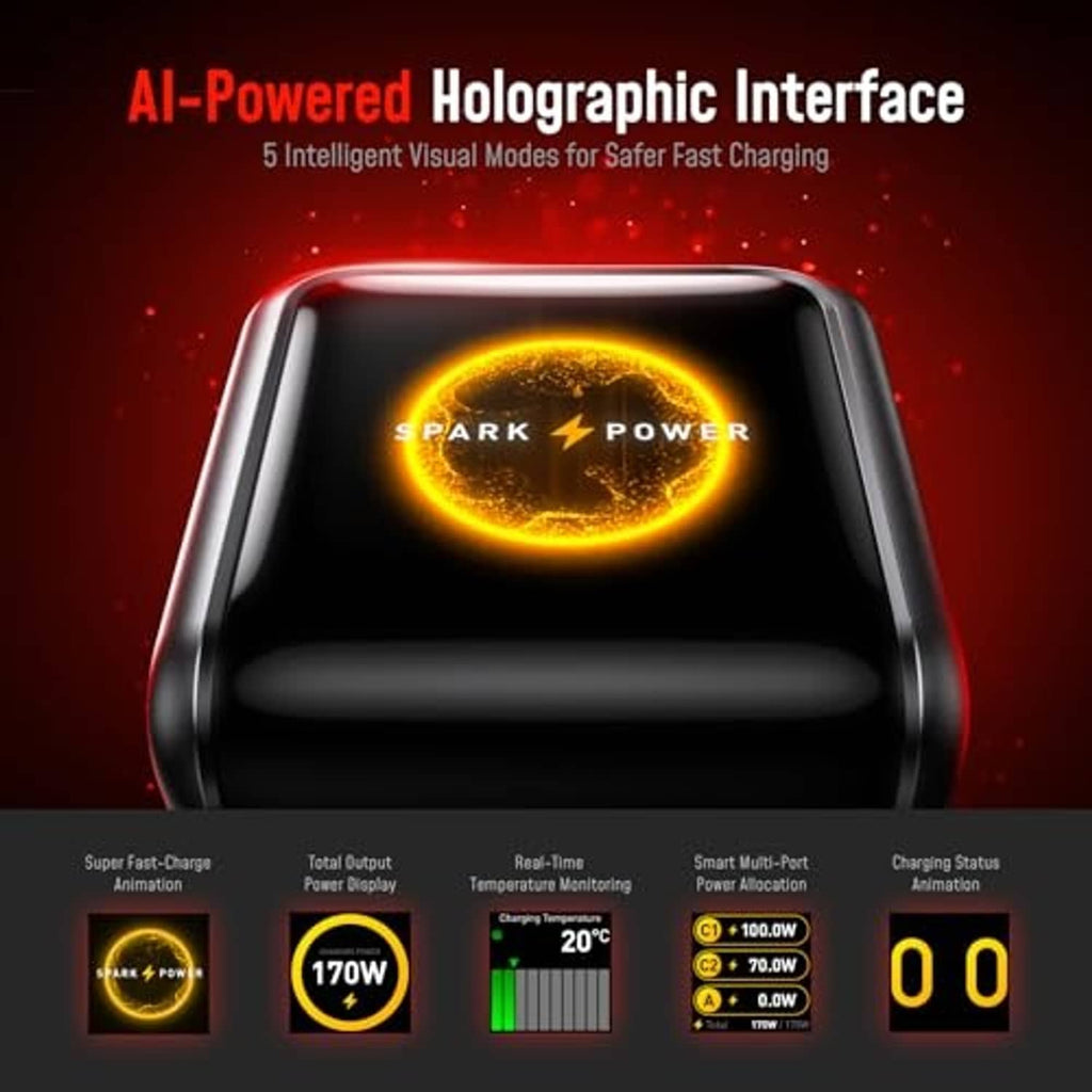Car charger with glowing circular TFT display showing charging interface graphics