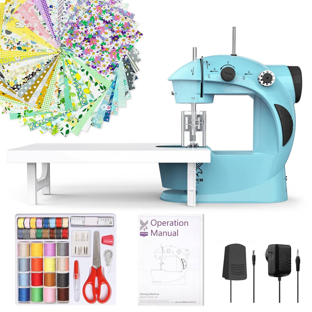 Light blue beginner sewing machine with black control knob and stitch dial