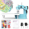 Light blue beginner sewing machine with black control knob and stitch dial