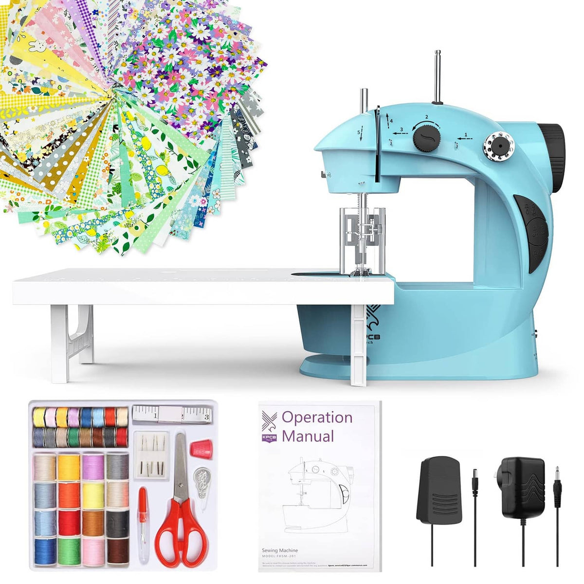 Light blue beginner sewing machine with black control knob and stitch dial