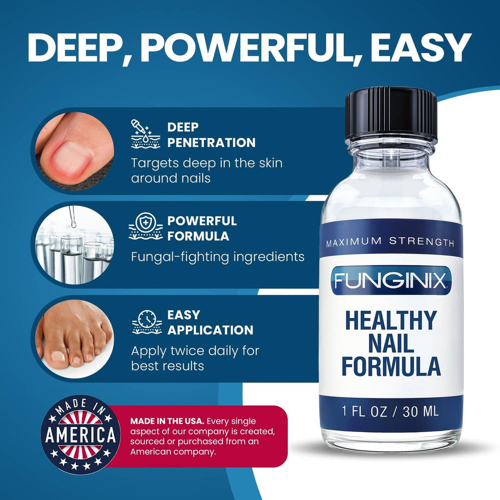Nail fungus treatment bottle labeled Healthy Nail Formula, shown with nail close-up