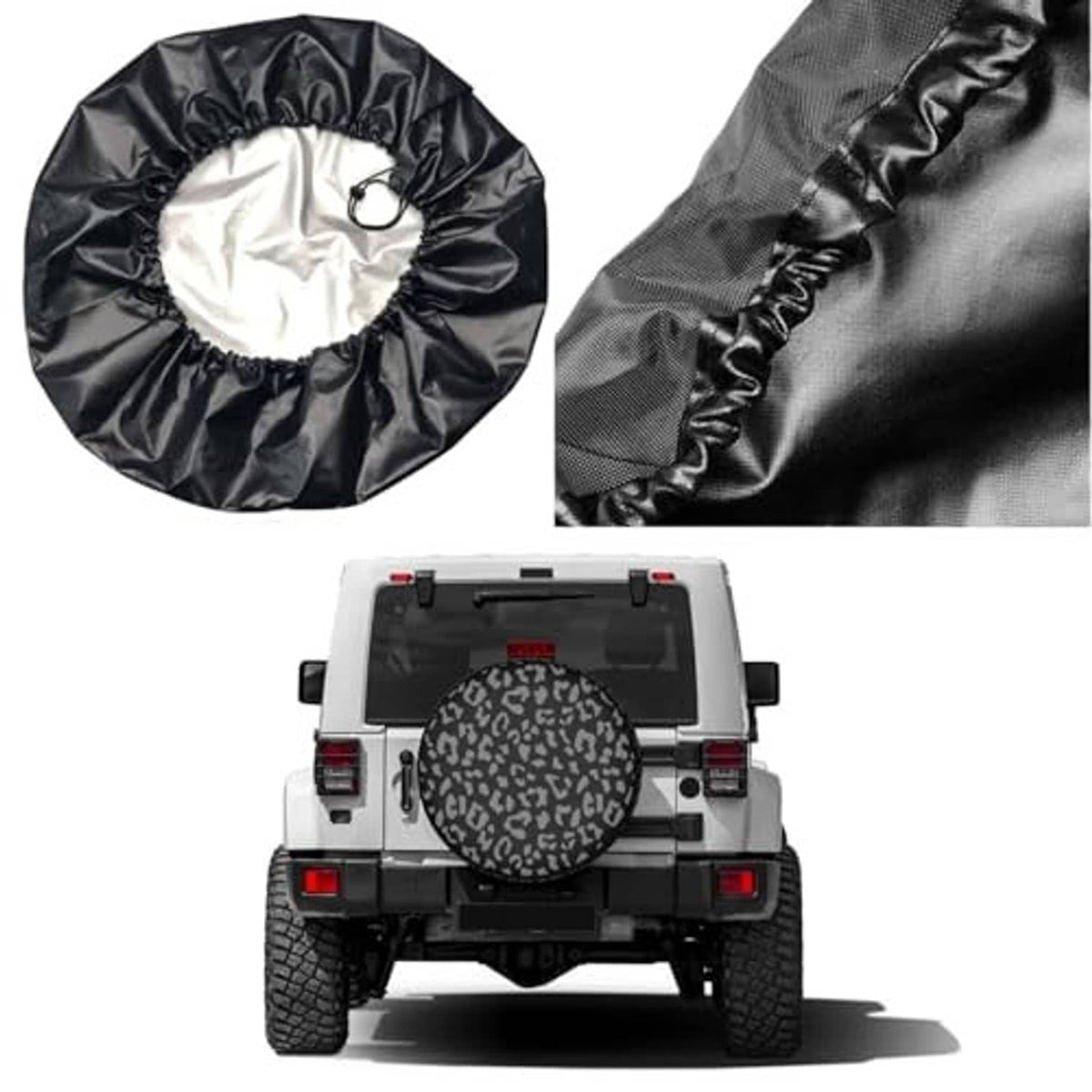Spare tire cover fabric detail with drawstring; matching black leopard-print cover circle