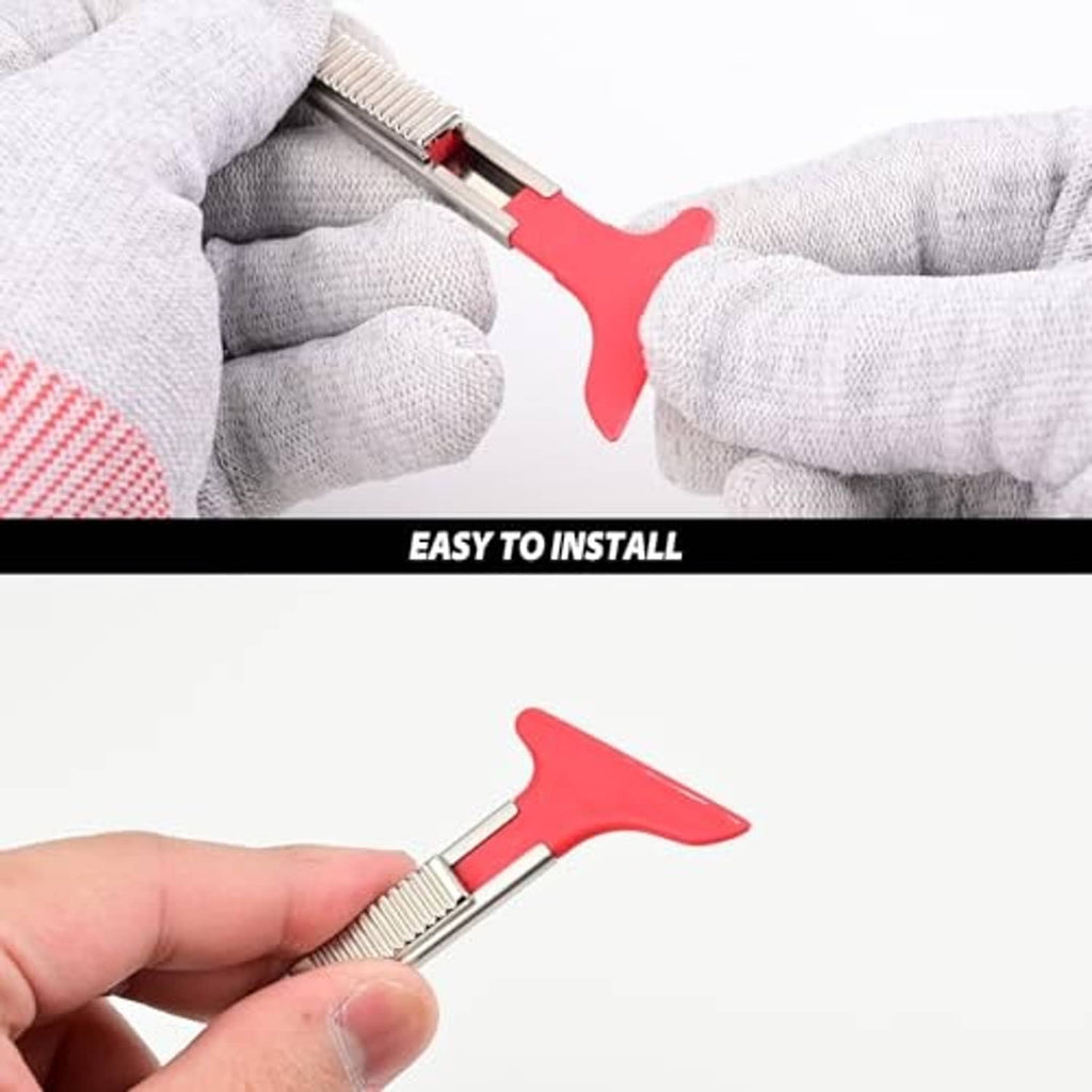 Vinyl wrap knife tucker tool held in gloved hands, red head on silver rail