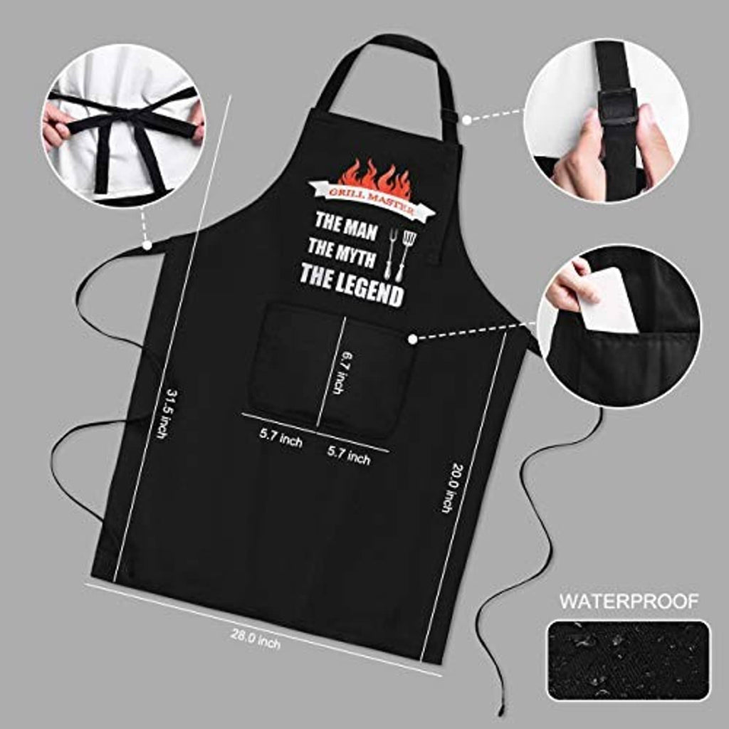 Black apron with adjustable straps and size guide markings, waterproof feature callout