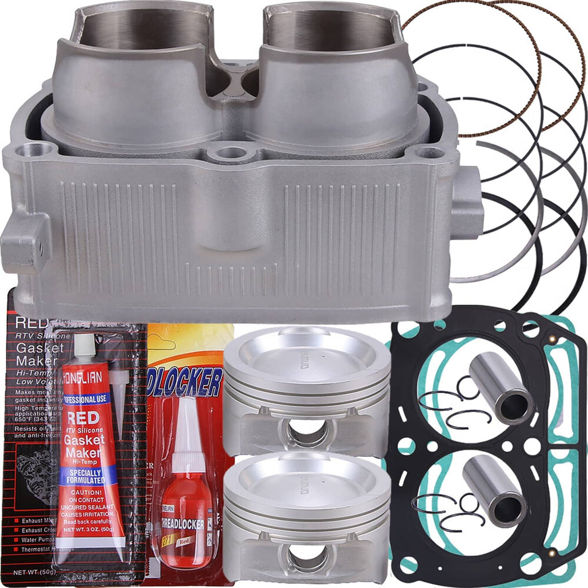 Cylinder piston top-end kit with silver cylinder block, two pistons, rings, and head/base gaskets