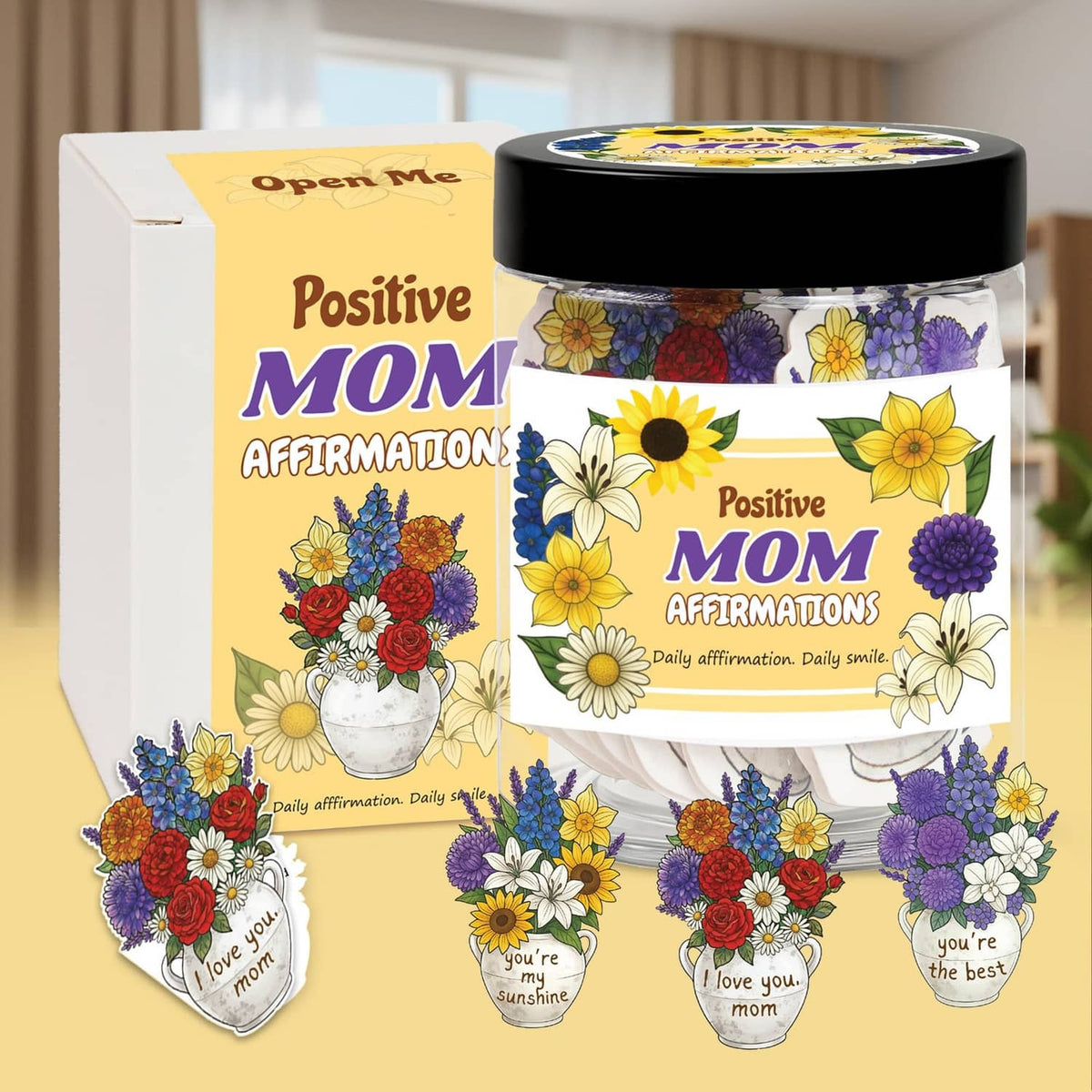 Floral mom affirmation jar with black lid, shown with matching gift box and tags
