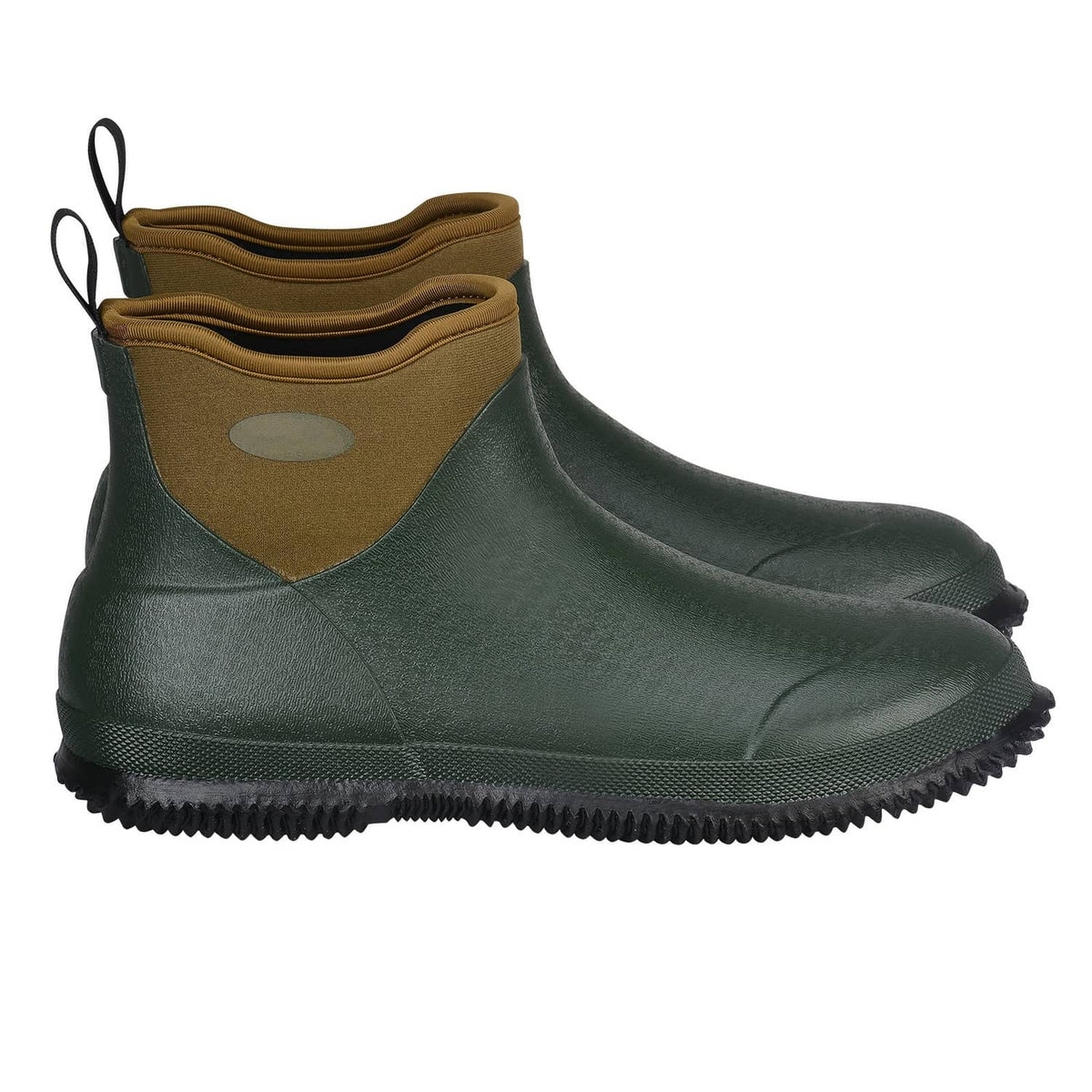 Green waterproof ankle deck boots with tan cuff and textured anti-slip rubber sole