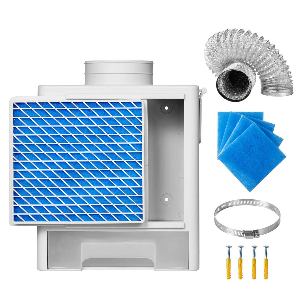 Indoor dryer vent kit components: blue mesh filter, water drawer, metal duct, clips