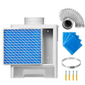 Indoor dryer vent kit components: blue mesh filter, water drawer, metal duct, clips