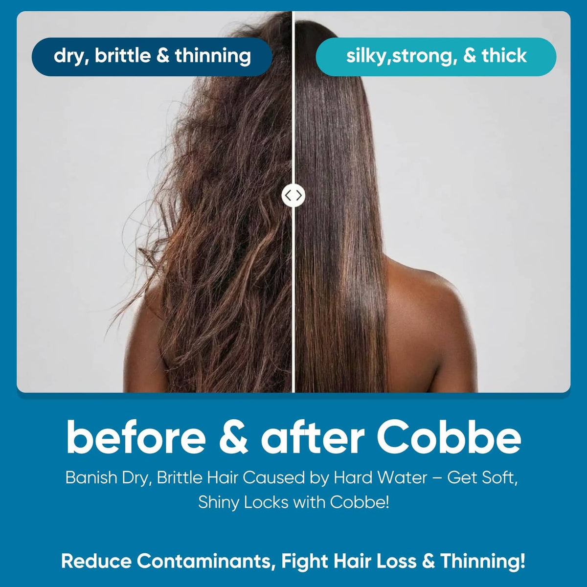 Before-and-after hair photo split panel for shower filtration benefits with Cobbe