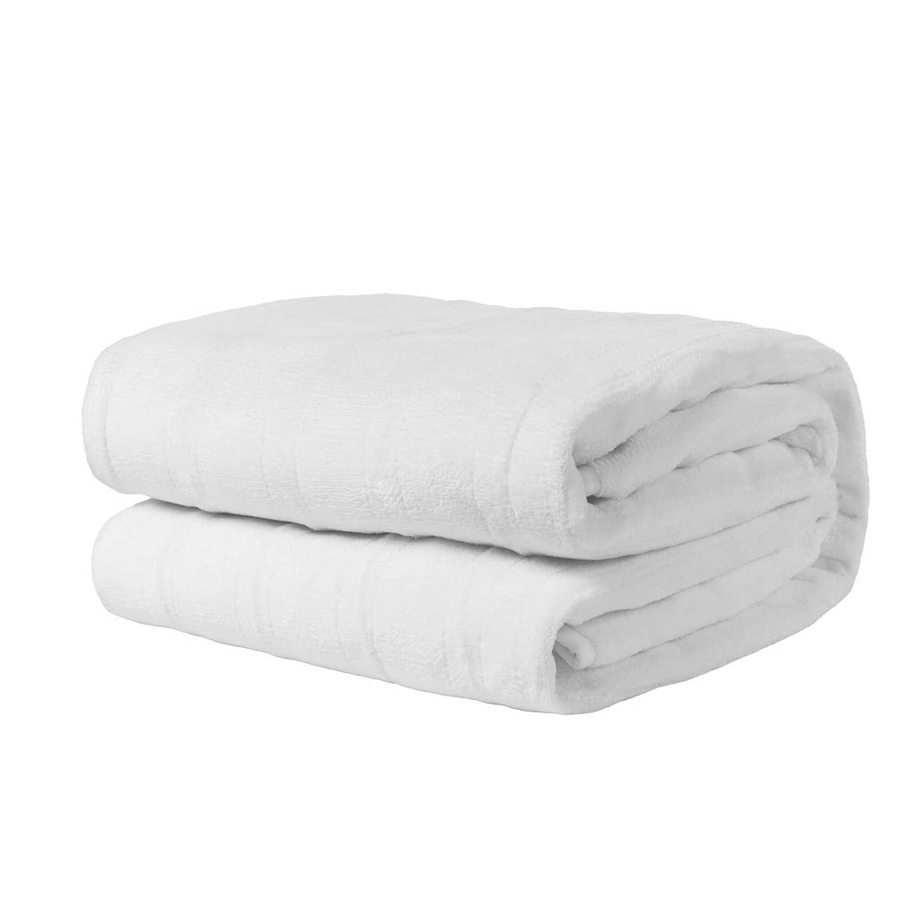 Folded heated mattress pad in white fleece, compact storage-ready shape