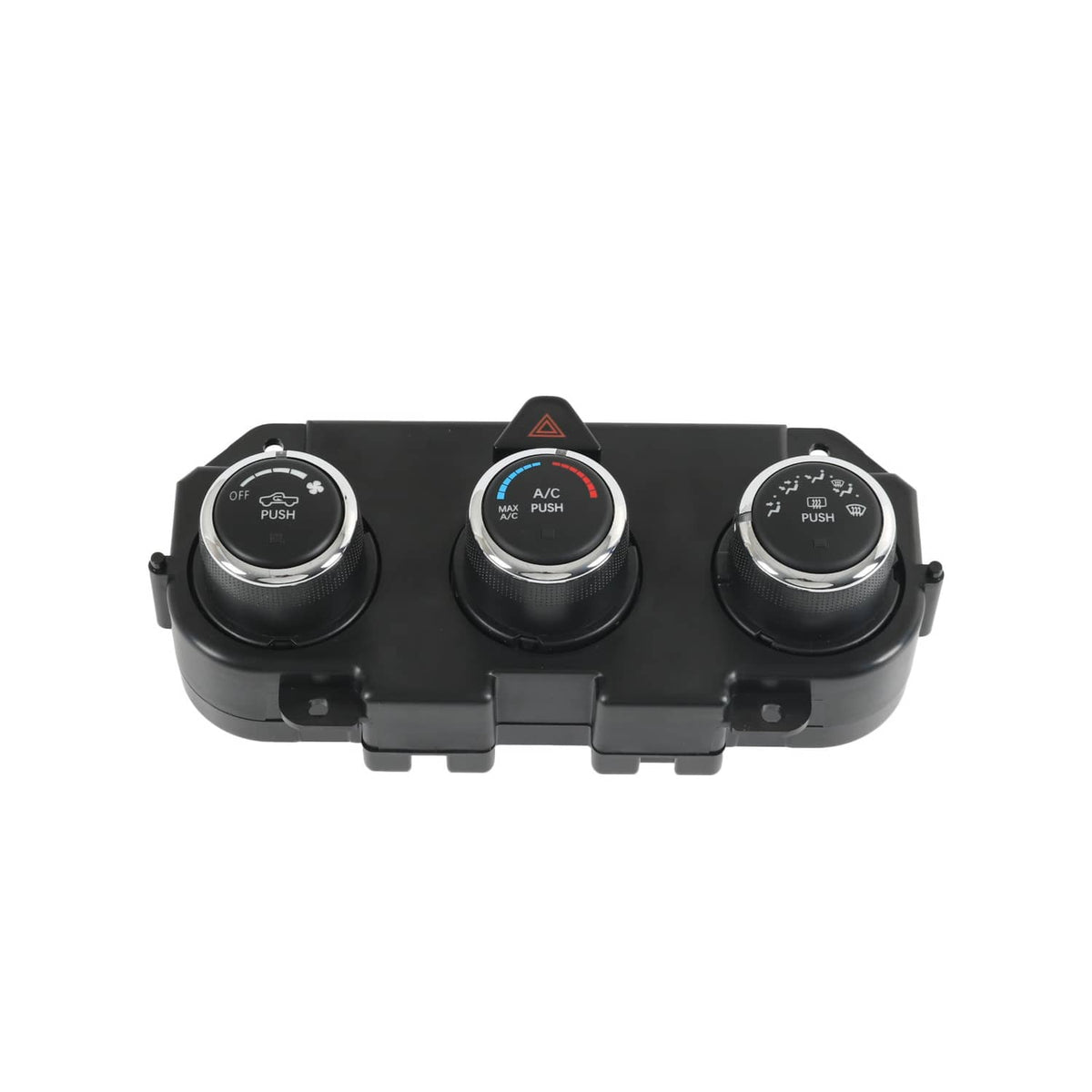 AC climate control panel front view with chrome rings around three dial knobs.