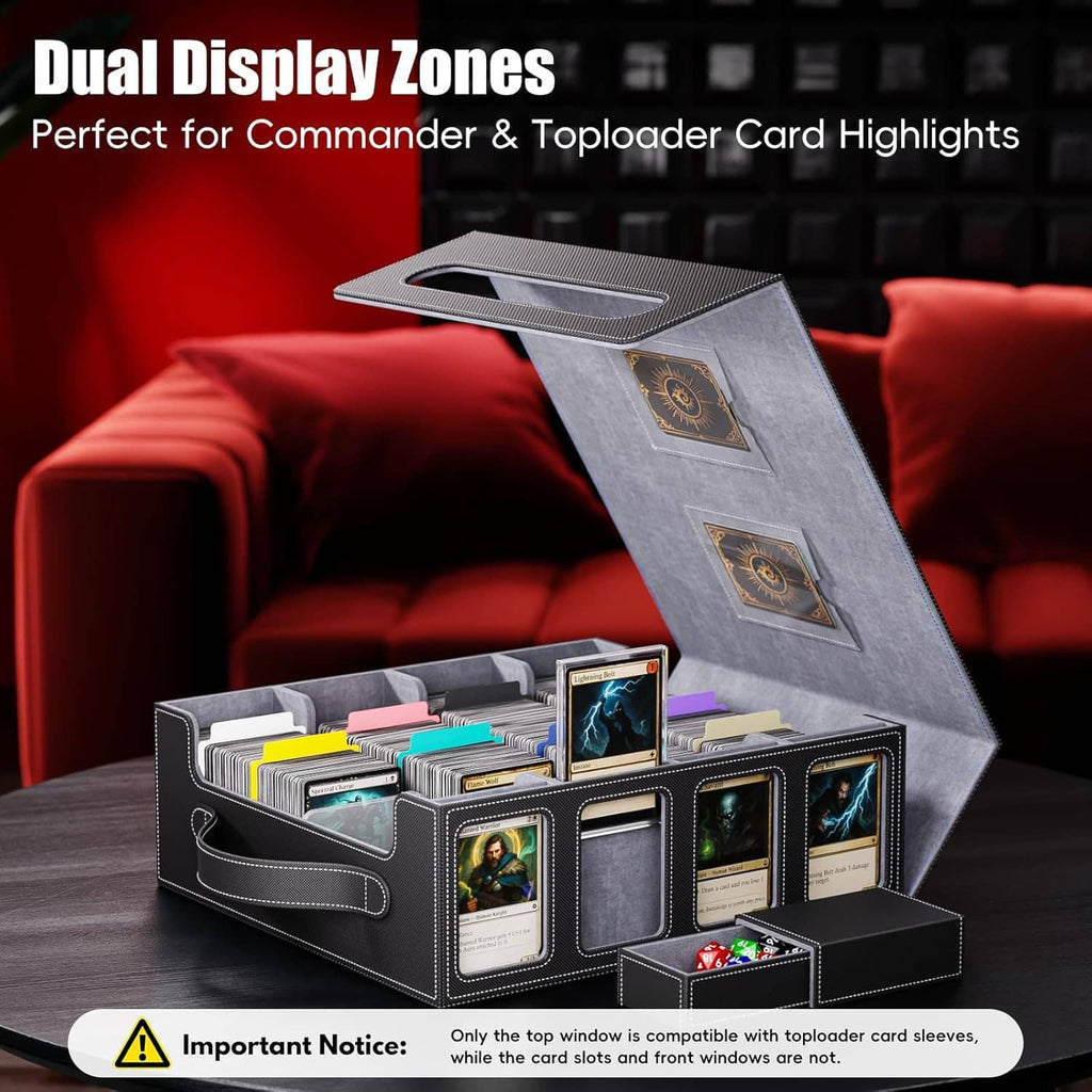 Gray card storage box with lid handle, open front with acrylic display windows for cards.