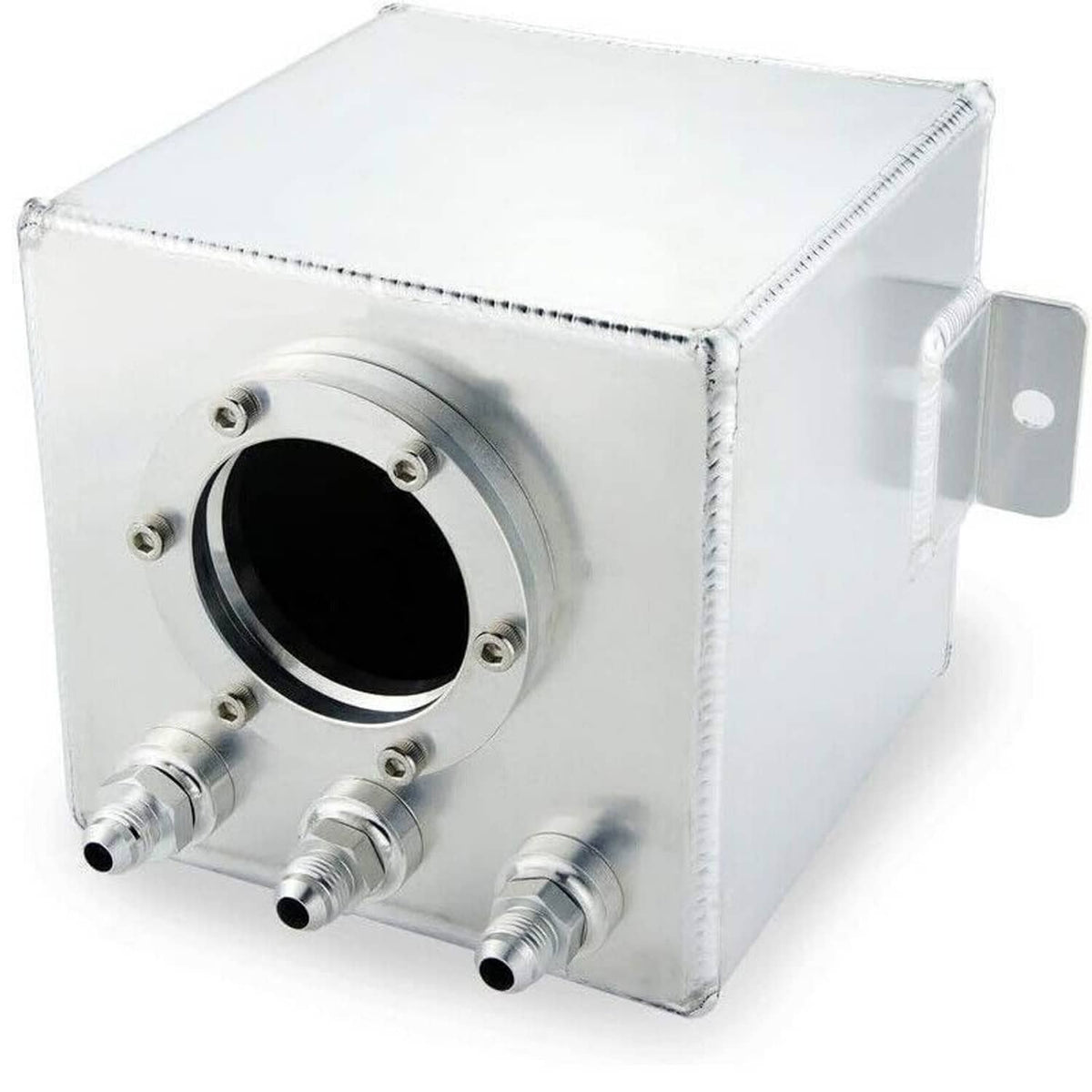 Aluminum fuel surge tank with AN6 ports and round inlet, silver finish