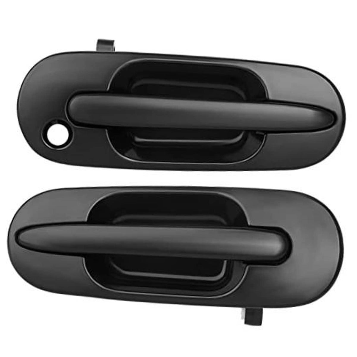 Pair of dark gray exterior door handles with black pull and mounting pin