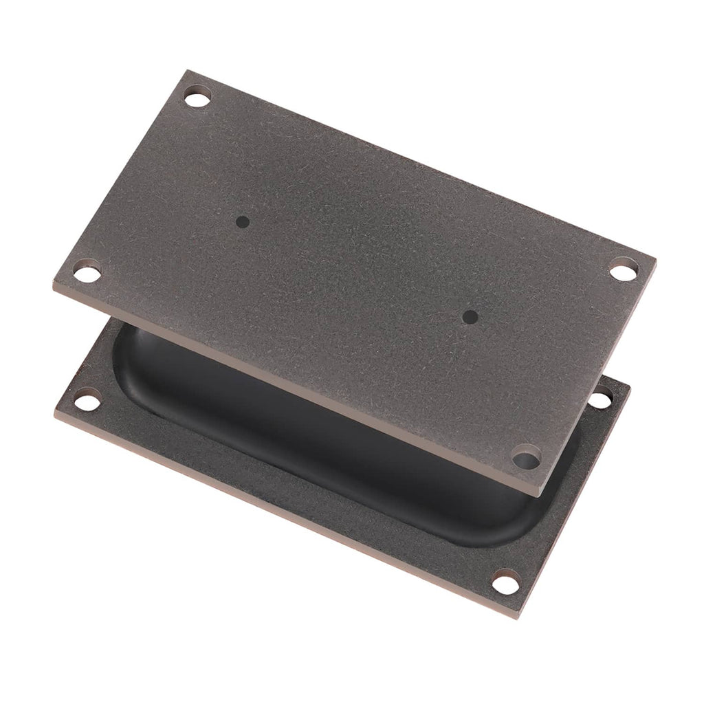 Rubber shock mount isolator with steel plates and black rubber insert, four bolt holes