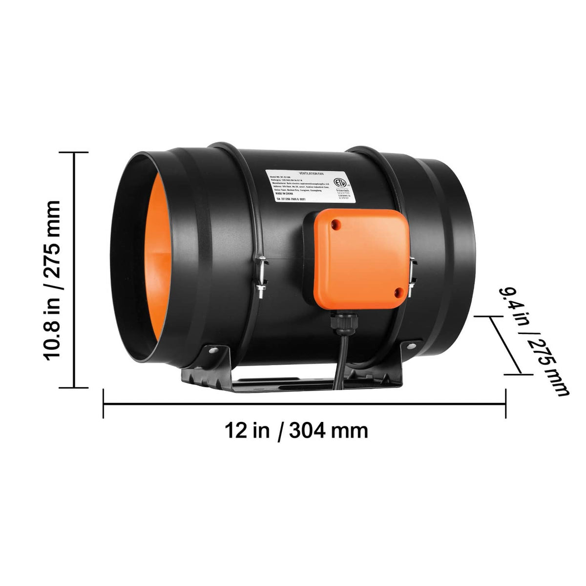 Inline duct fan blower with orange motor housing and mounting feet