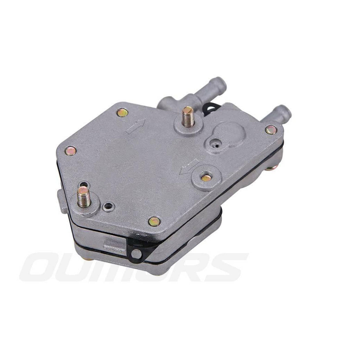 Gray fuel pump assembly with threaded studs on top and two side outlet nipples