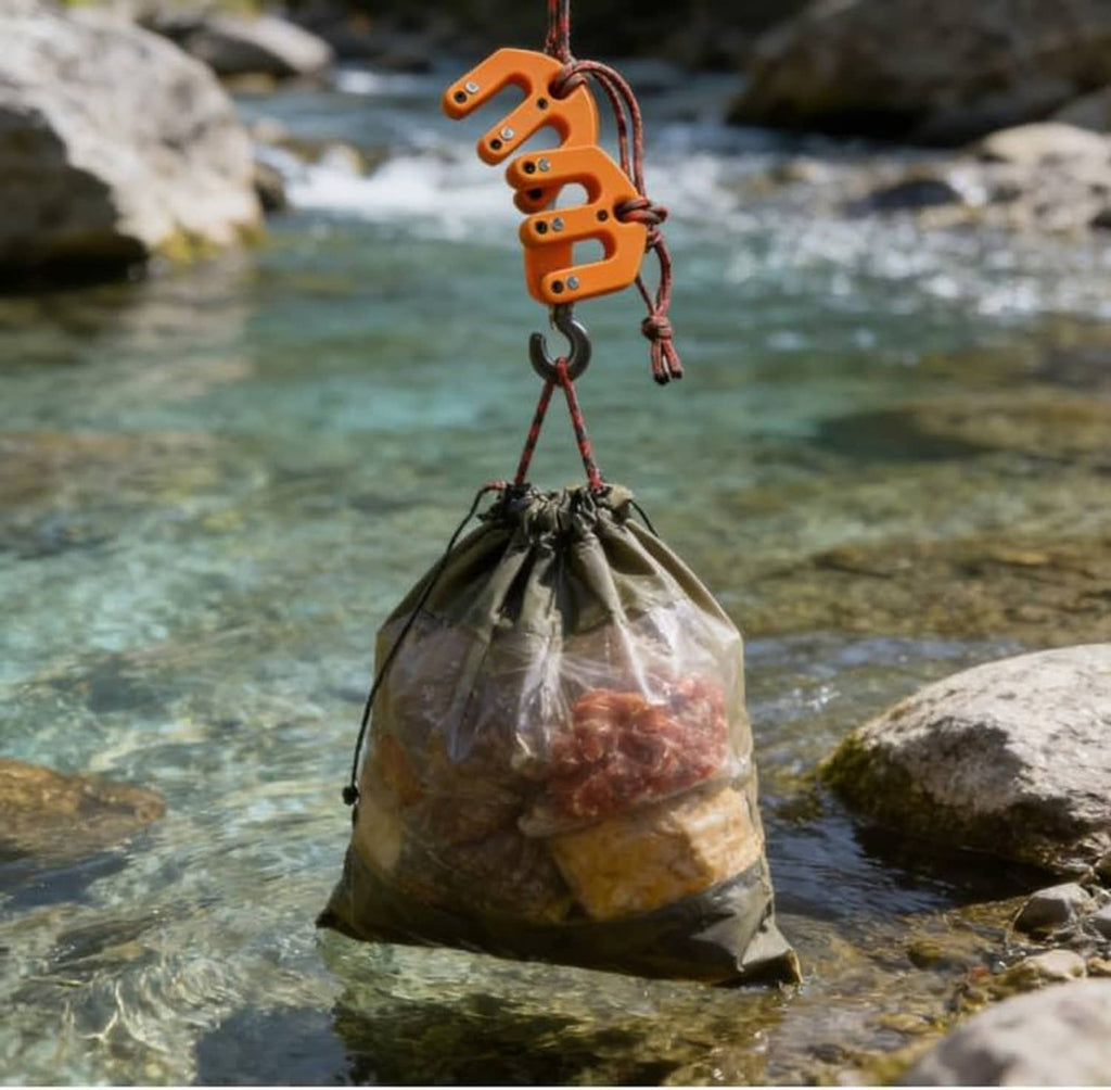 Orange hoist block and tackle suspending a mesh bag of items by rope