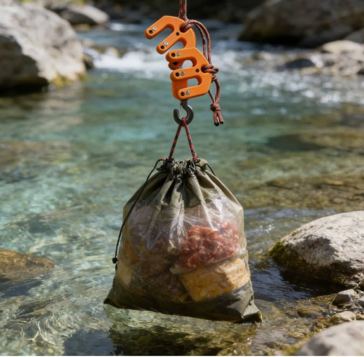 Orange hoist block and tackle suspending a mesh bag of items by rope