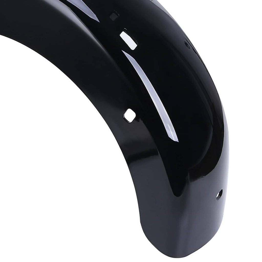 Close-up of glossy black LED rear fender extension edge with small mounting holes