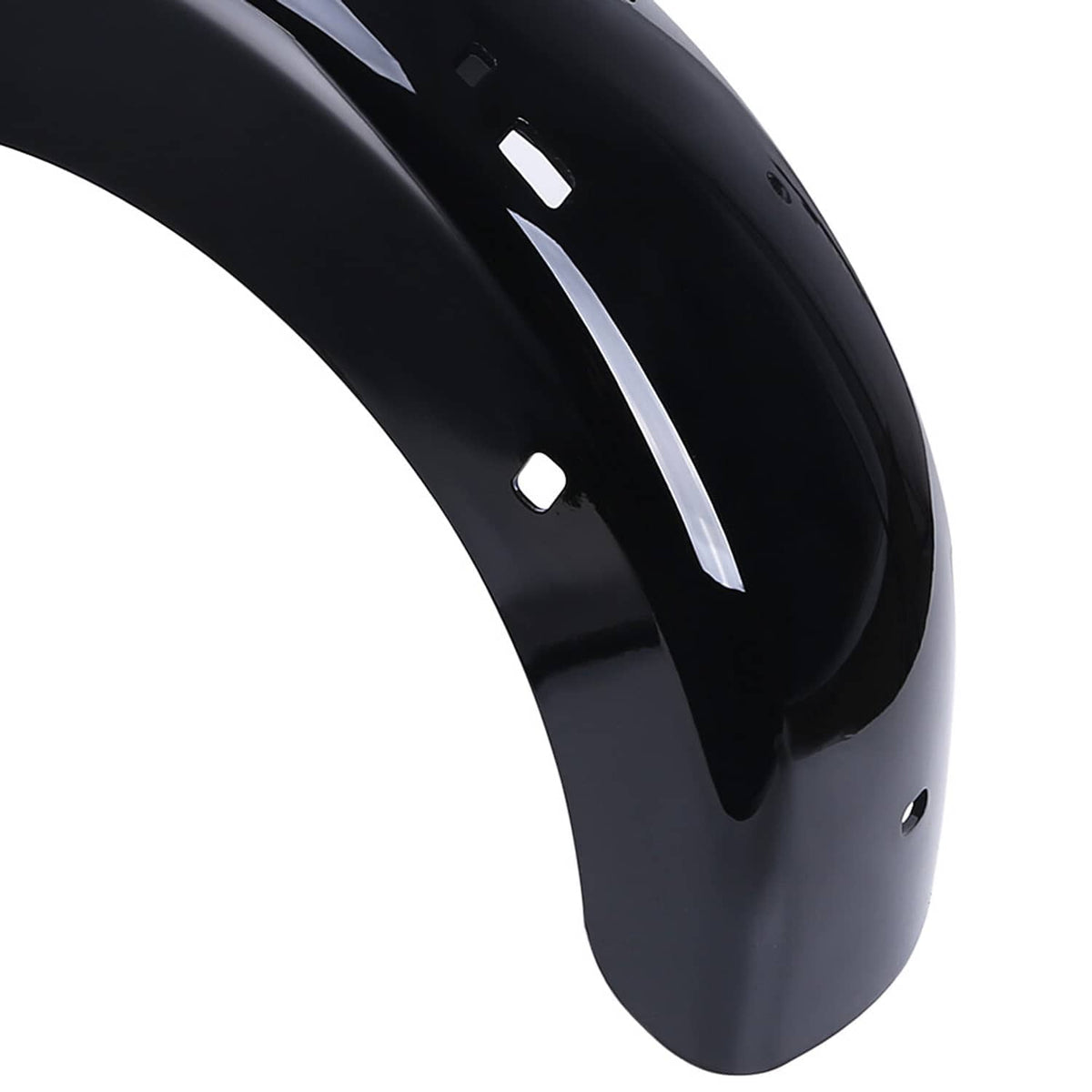 Close-up of glossy black LED rear fender extension edge with small mounting holes
