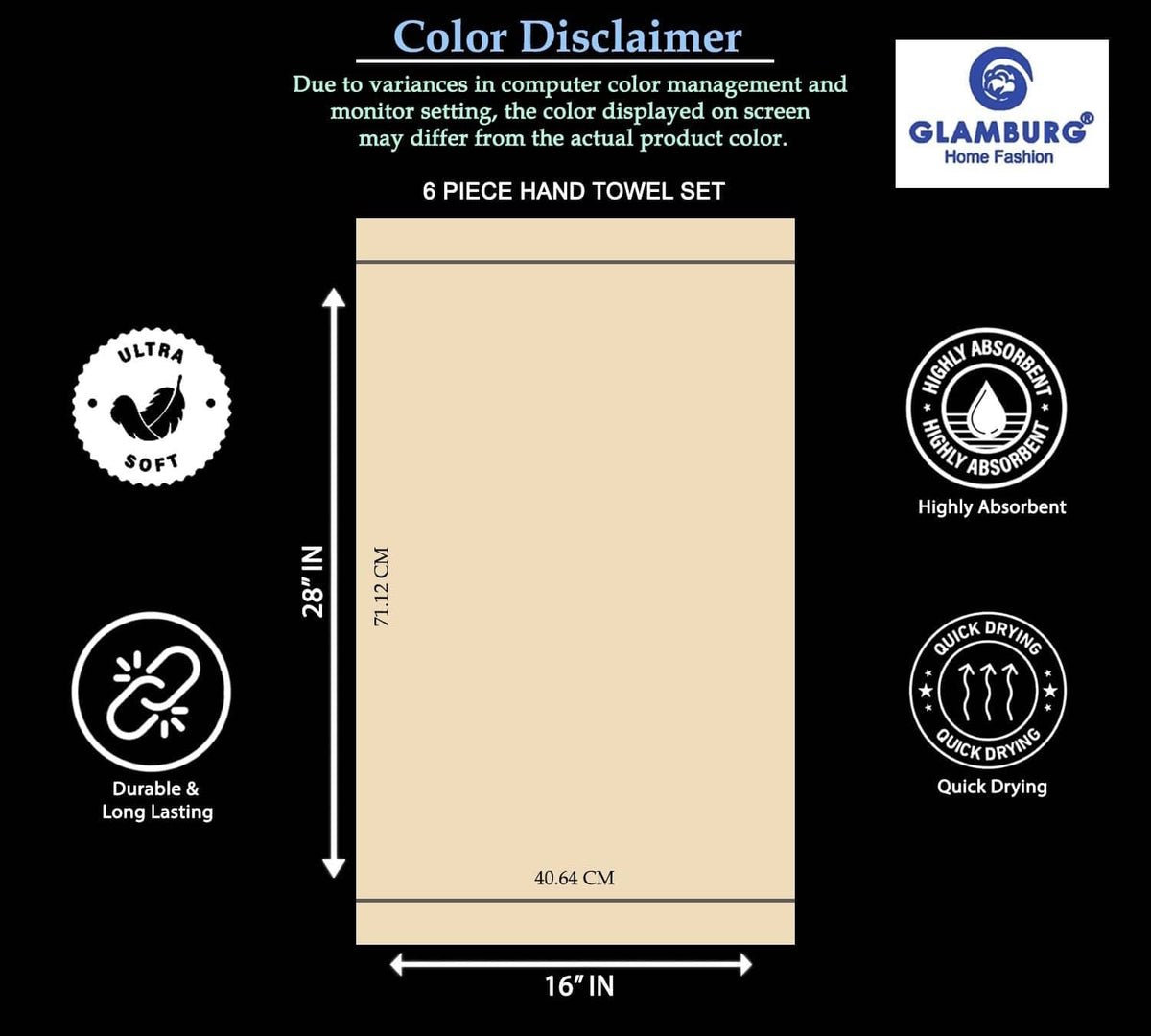 6-piece hand towel set size and feature chart with height and width measurements