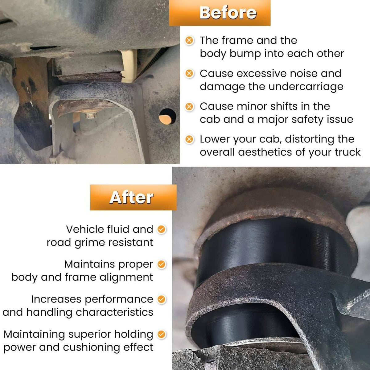 Black body mount bushing installed in vehicle underbody opening