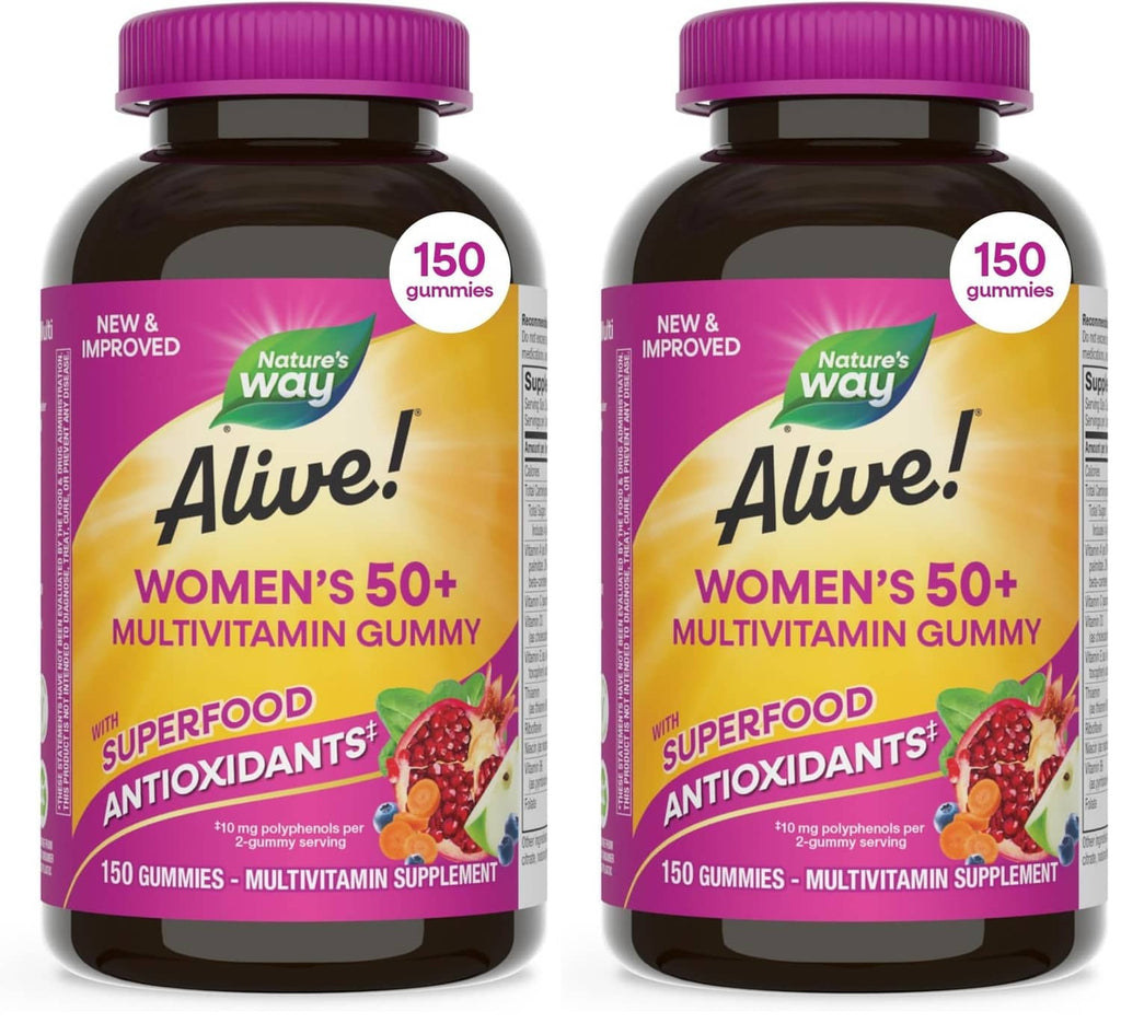 Women’s 50+ multivitamin gummy supplement bottles with purple caps, dark brown jars (2-pack)