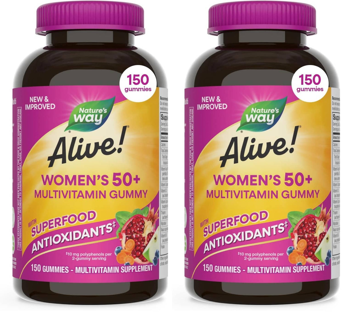 Women’s 50+ multivitamin gummy supplement bottles with purple caps, dark brown jars (2-pack)