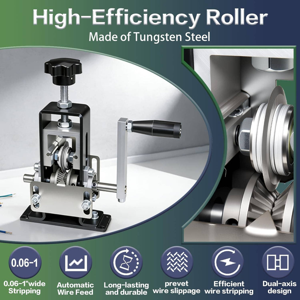 Wire stripping machine with roller assembly and side view of blade wheels