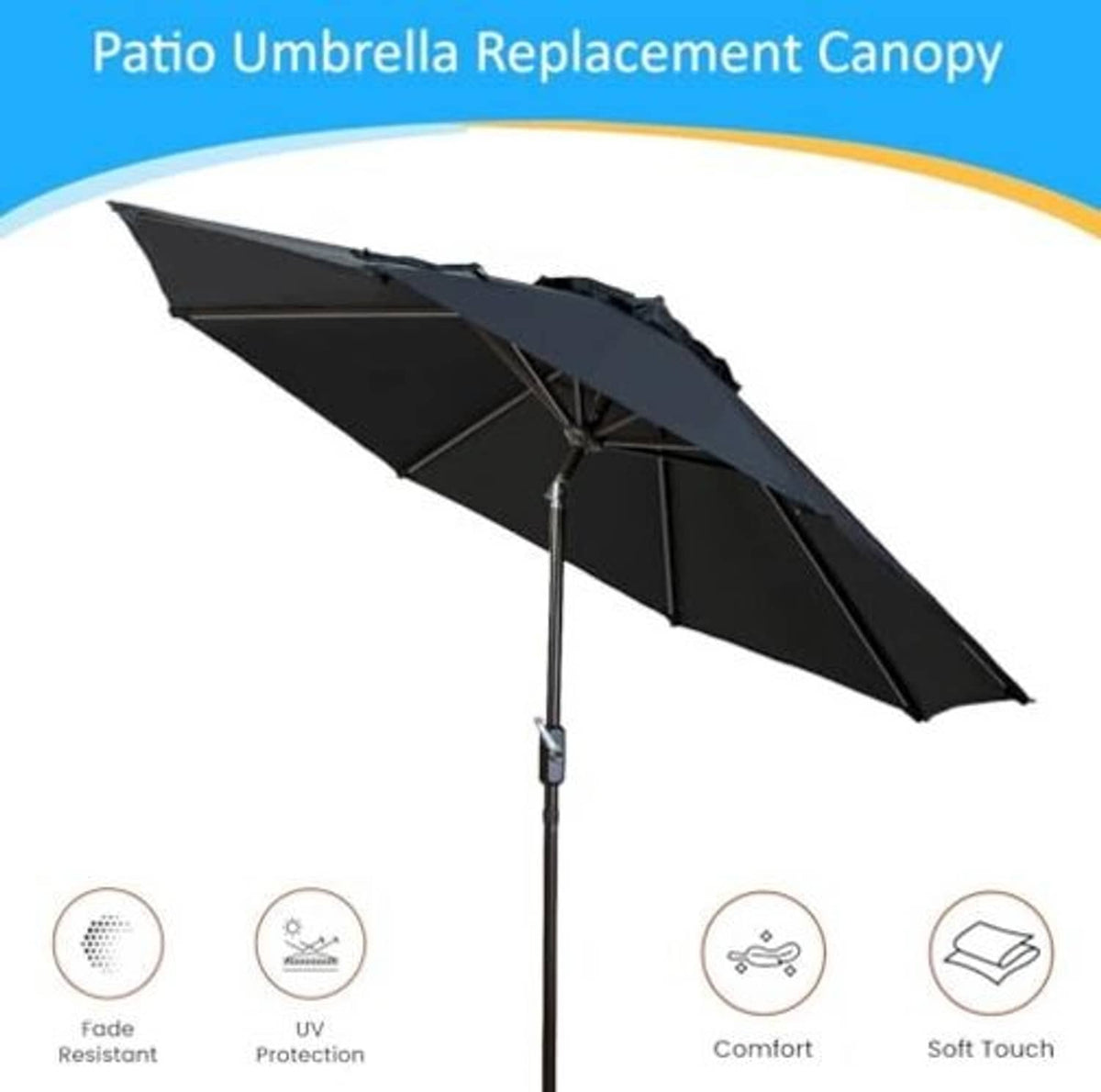 Black umbrella replacement canopy with vented top and rib structure on a pole