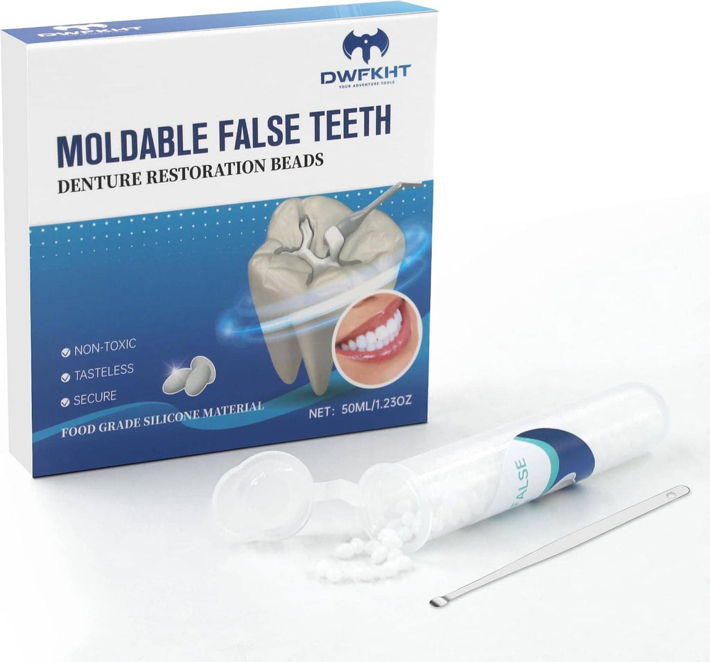 Moldable false teeth denture restoration beads kit with box packaging and squeeze tube