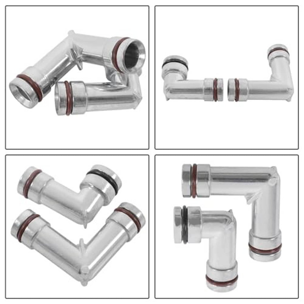 Multiple angles of aluminum heater hose elbow pair, silver connectors with seal rings