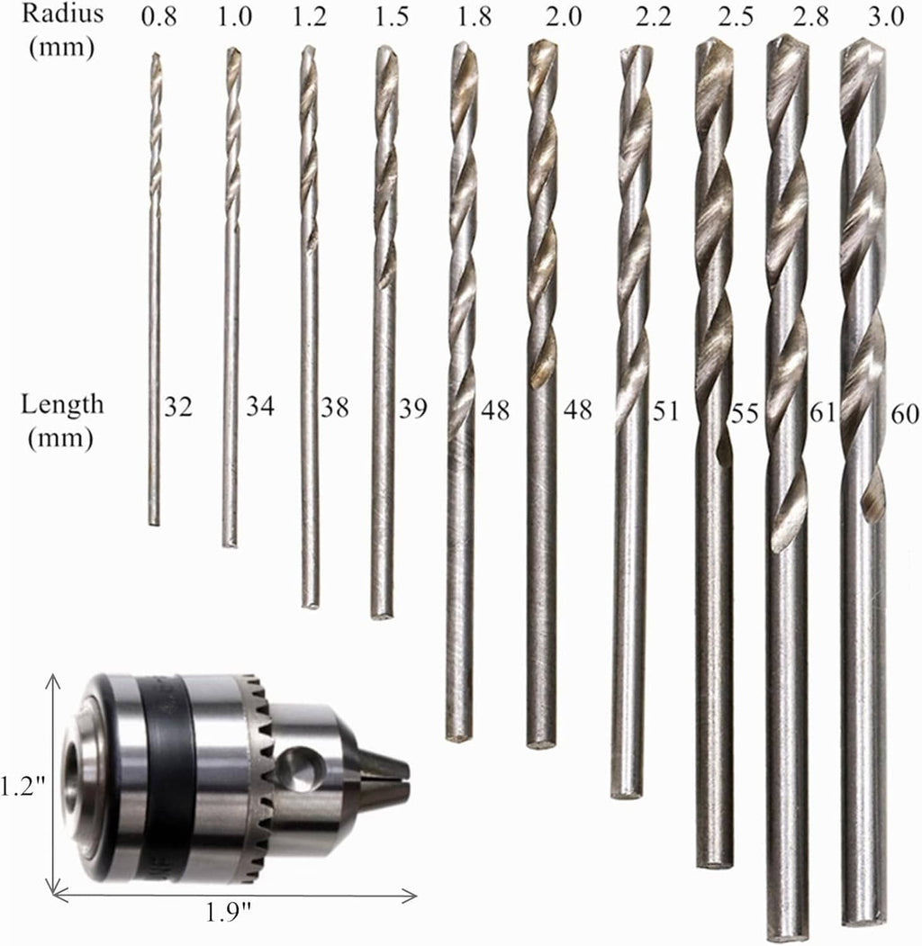 Assorted metal twist drill bits set with marked sizes and lengths