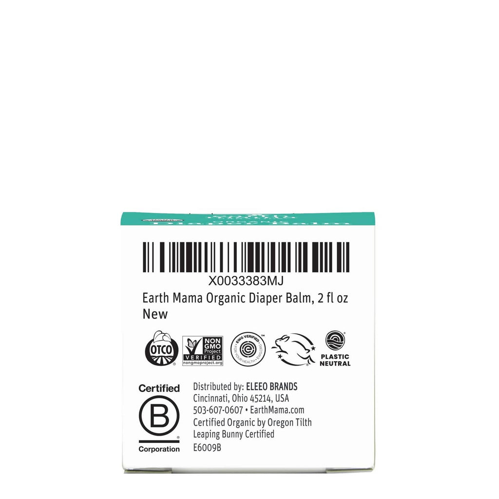 Organic diaper balm package back with barcode, certification icons, and distributor info
