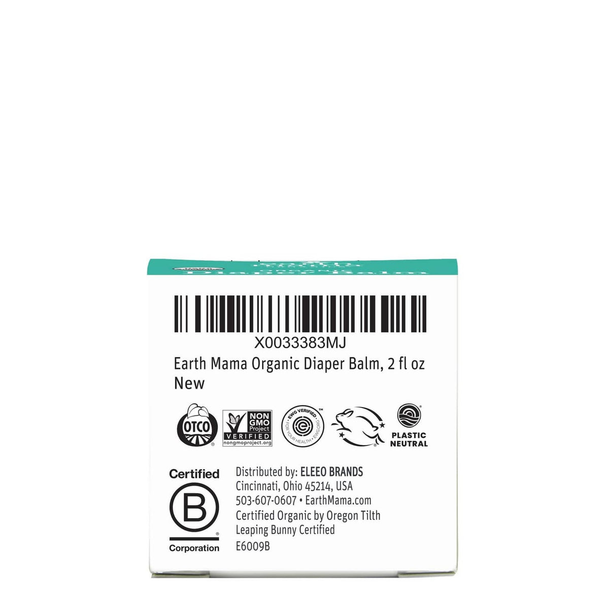 Organic diaper balm package back with barcode, certification icons, and distributor info