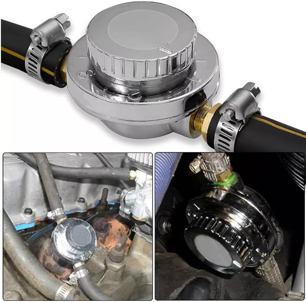 Universal adjustable fuel pressure regulator with round top and barbed hose fittings