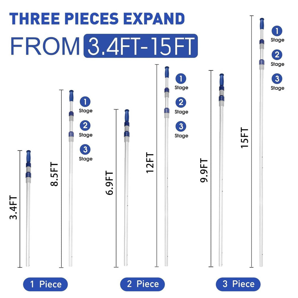 Adjustable telescopic pool pole extends from 3.4 ft to 15 ft in three stages