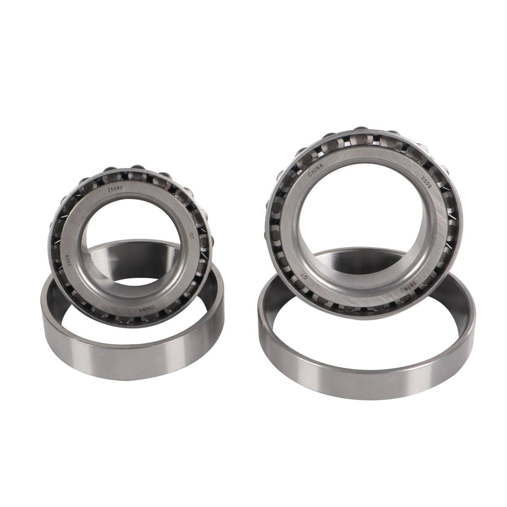 Trailer bearing kit: two bearings stacked with chrome-like races and black roller sets