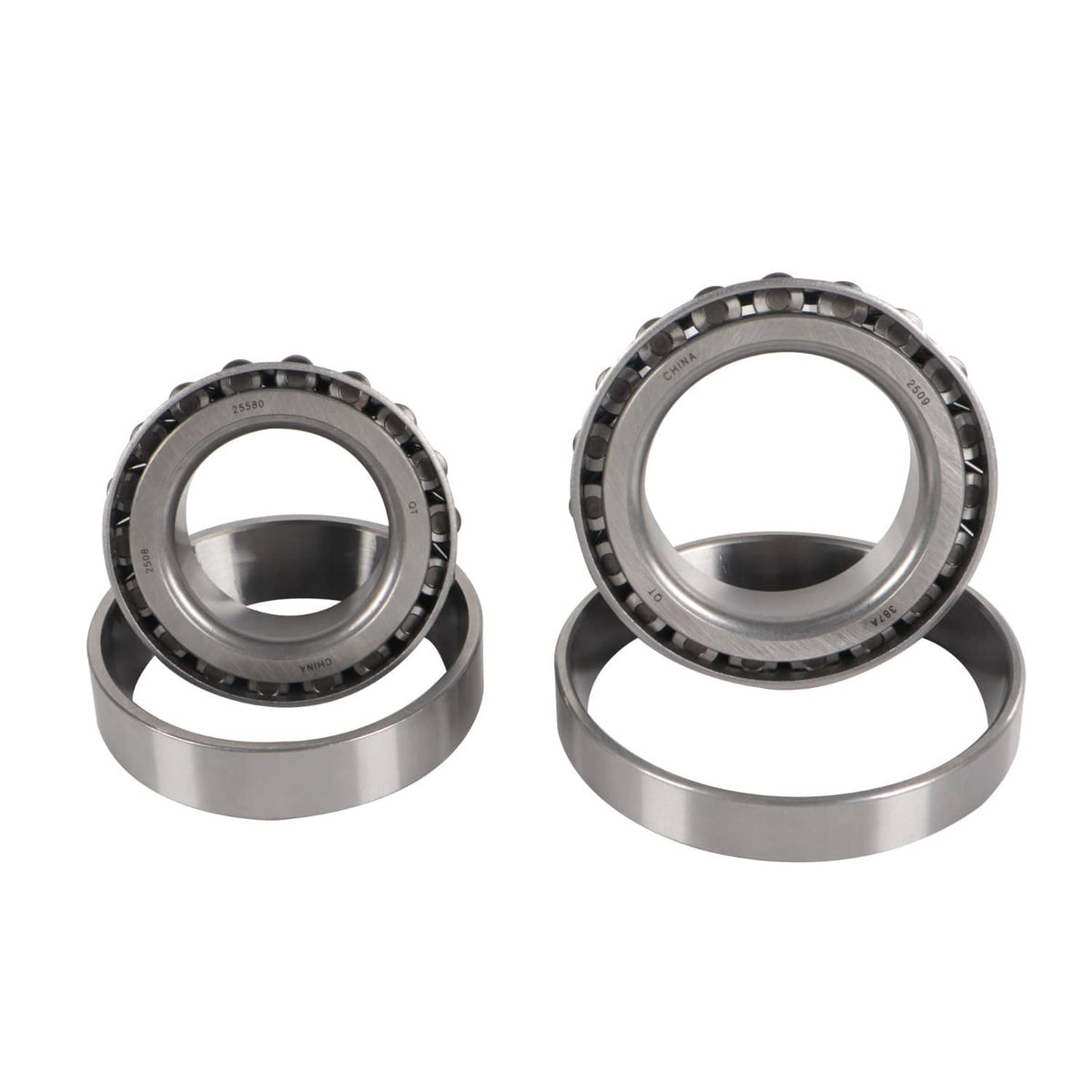 Trailer bearing kit: two bearings stacked with chrome-like races and black roller sets