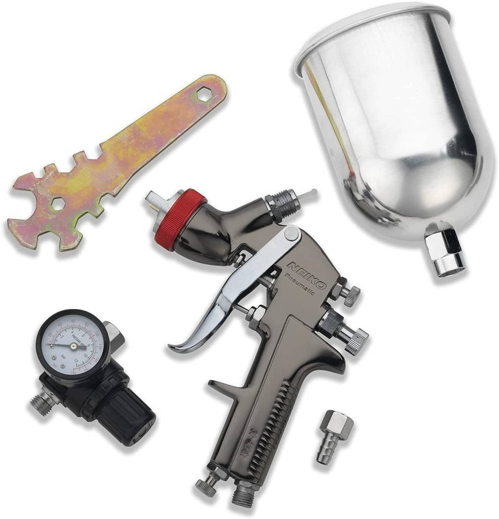 Air spray paint gun with gravity feed cup, red adjustment ring, plus pressure gauge