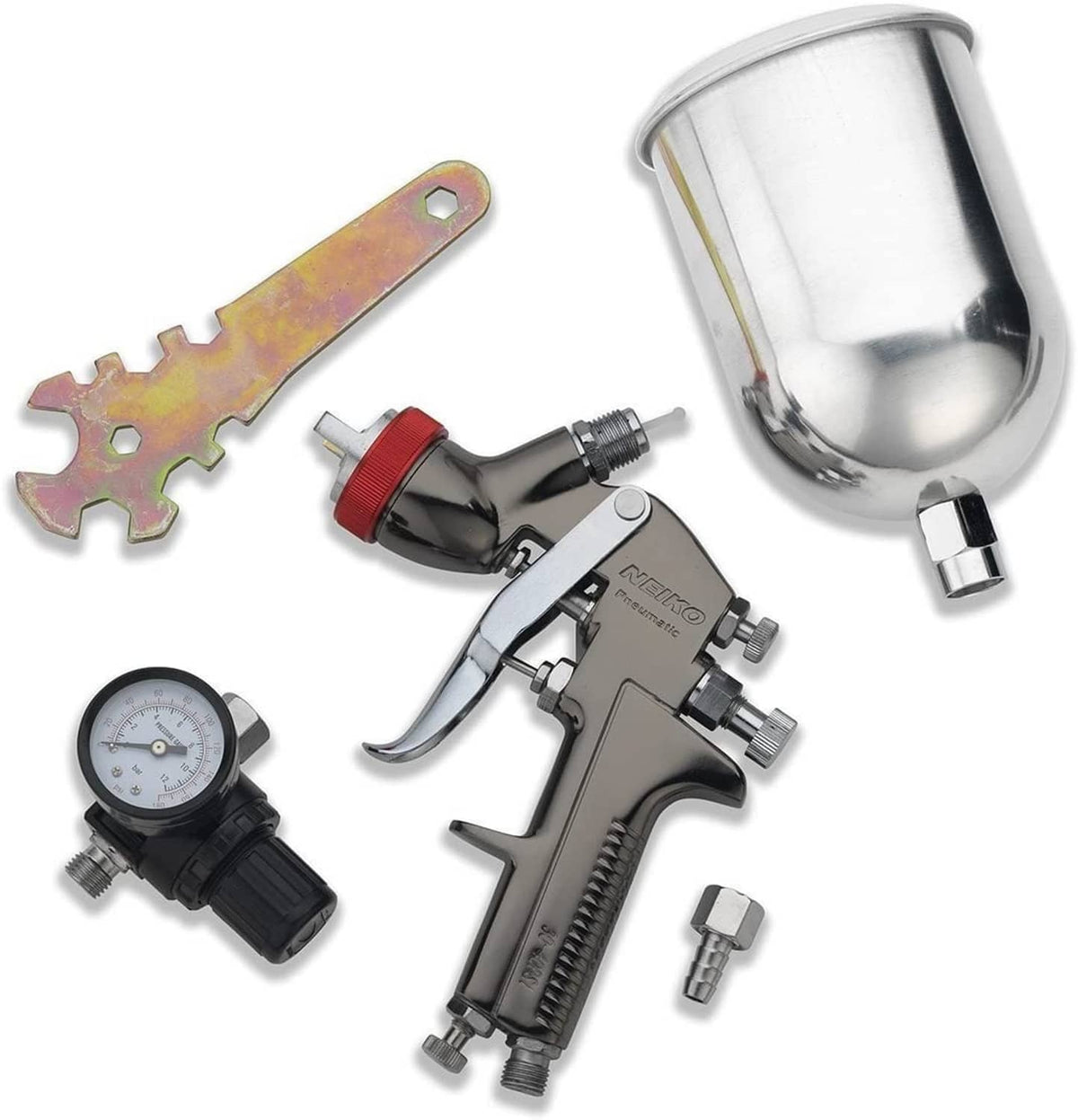 Air spray paint gun with gravity feed cup, red adjustment ring, plus pressure gauge