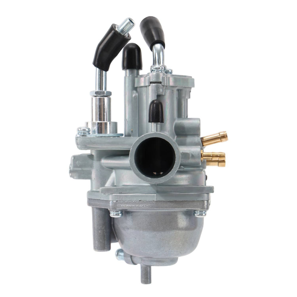 Carburetor with metal body, black rubber hoses, and side fuel fittings