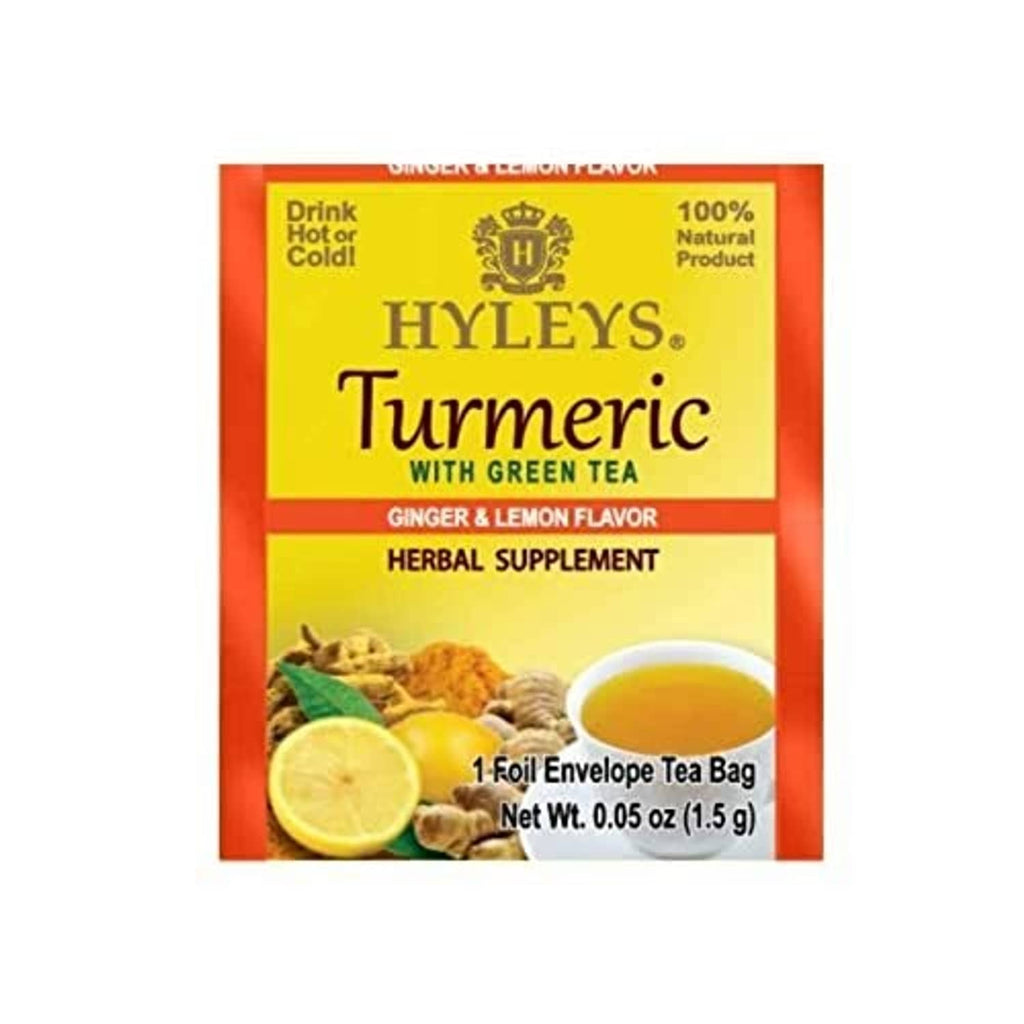 Turmeric green tea herbal supplement tea bags box, ginger and lemon flavor front panel
