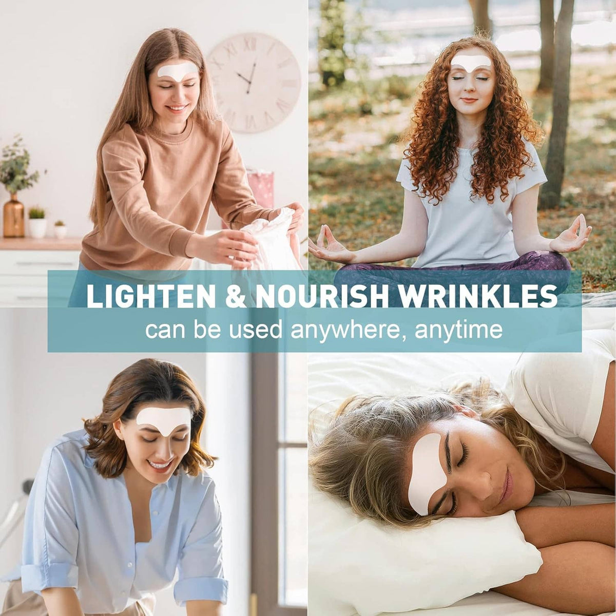 Forehead wrinkle patch on woman with hands raised during daily use