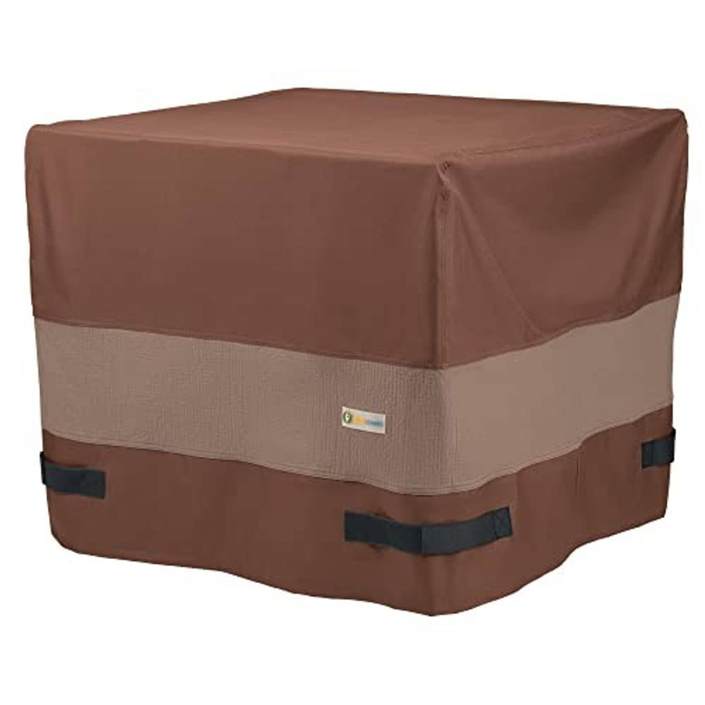 Brown and beige square AC unit cover with side webbing straps and tag patch