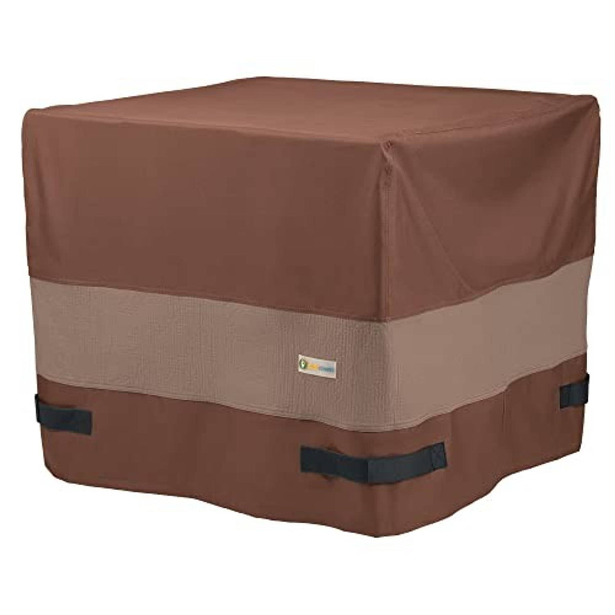 Brown and beige square AC unit cover with side webbing straps and tag patch