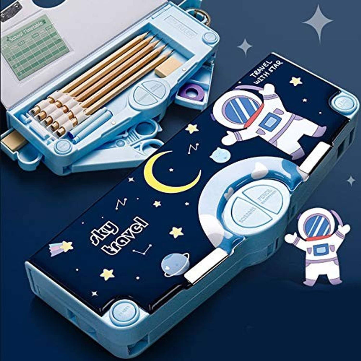 Dark navy astronaut-pattern multifunction pencil case with blue two-compartment base